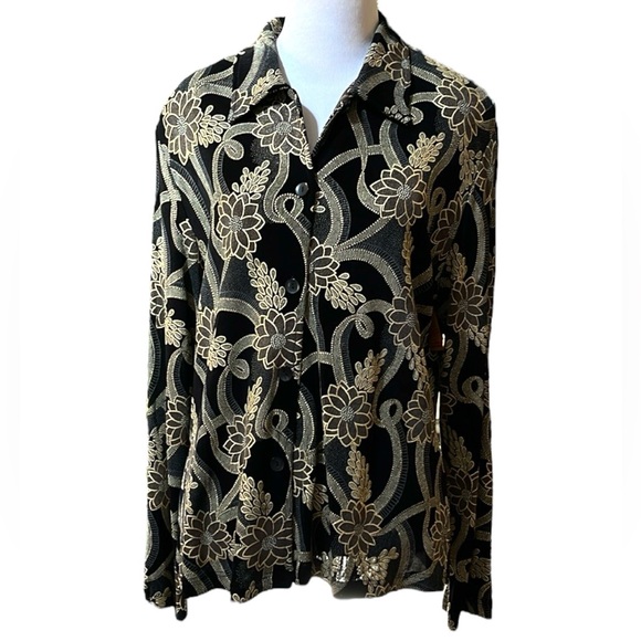 VINTAGE RONNI NICOLE BY OVIDA FLORAL METALLIC GOLD PRINT ON BLACK PLUS SIZE 16 - Picture 1 of 11